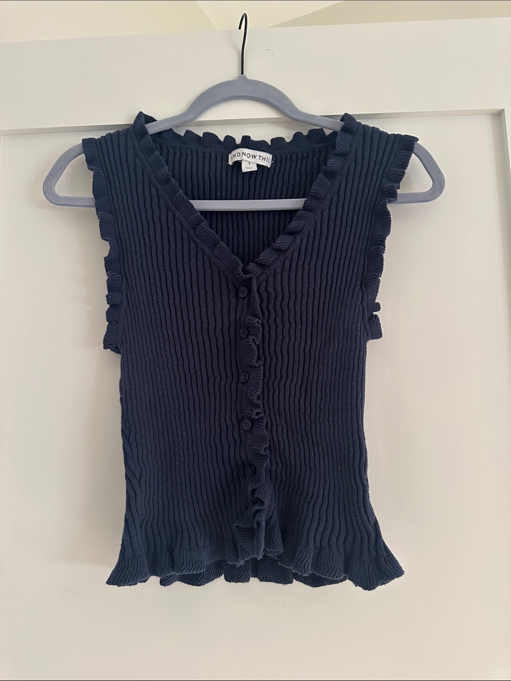 And Now This Dark Navy Ribbed Ruffle-Trim Button Tank